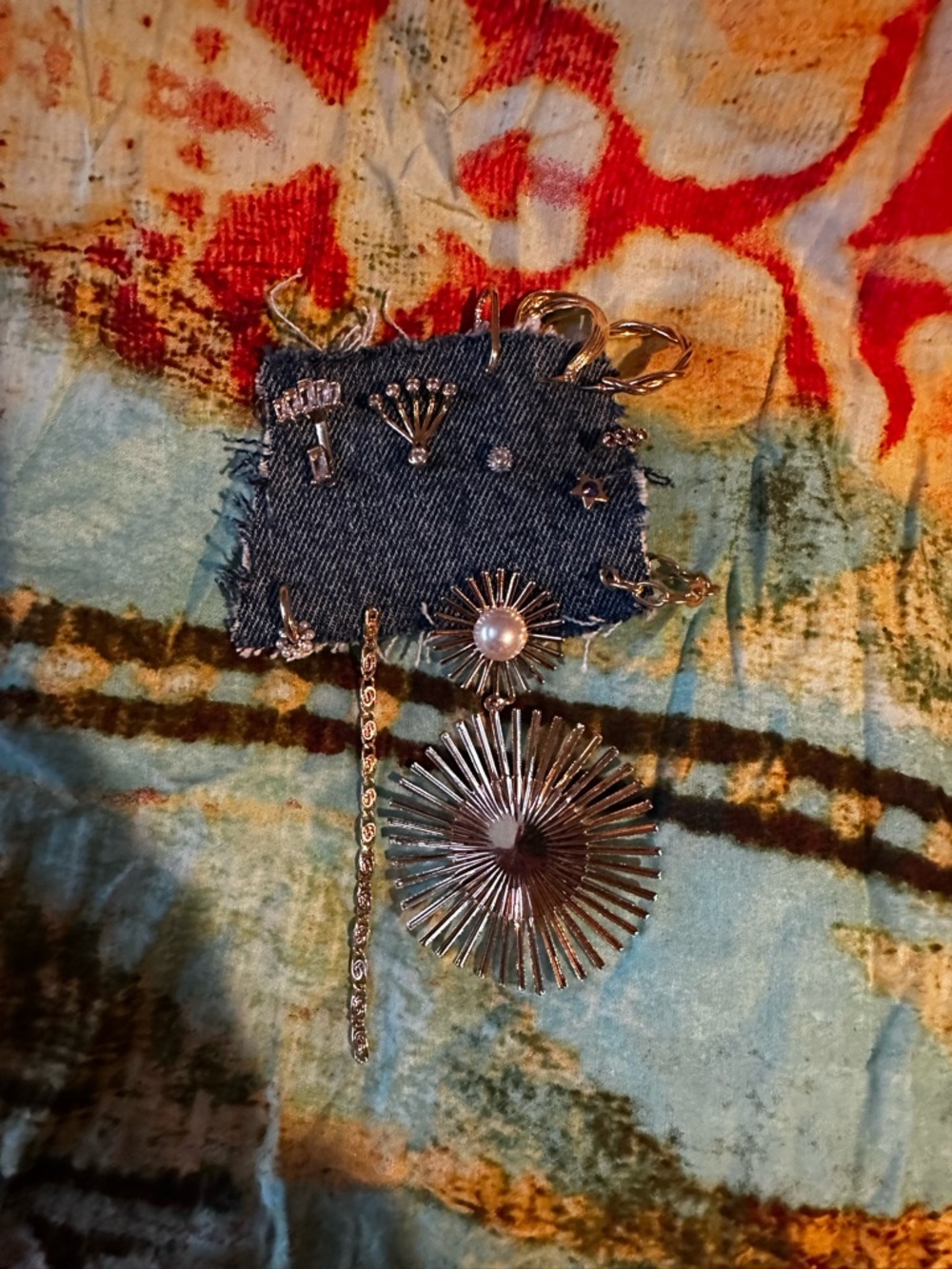 NWOT 12 Single Earrings Nordstrom Rack On Repurposed Denim-Gold/Silver/FauxPearl